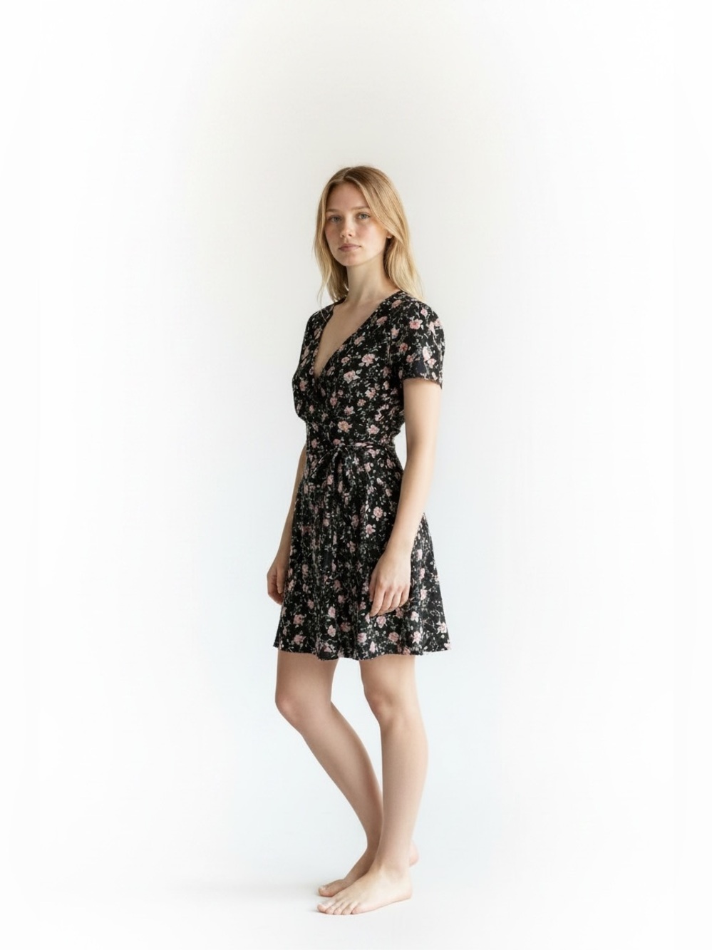 City Triangles Black Mini Dress with Lace up Front, Pink Floral Print